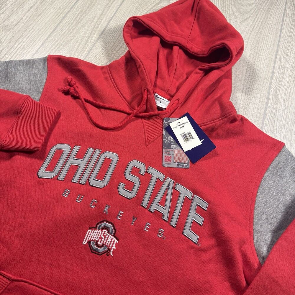 Ohio State Buckeyes Fleece Hoodie Mens M Scarlet Spellout Logo Seen Champion NEW